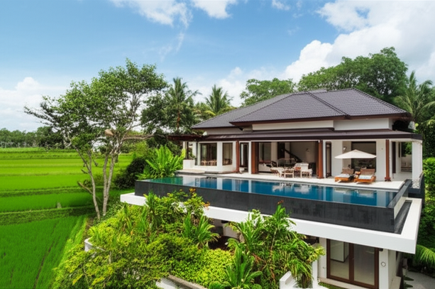 Architectural rendering of a modern villa in Bali, showcasing all-in-one construction services.