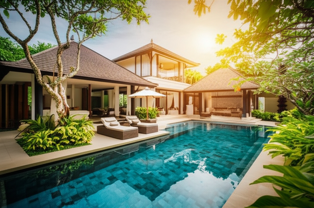 Architectural rendering of a villa project in Bali, showcasing the design phase with detailed plans and surrounding tropical landscape