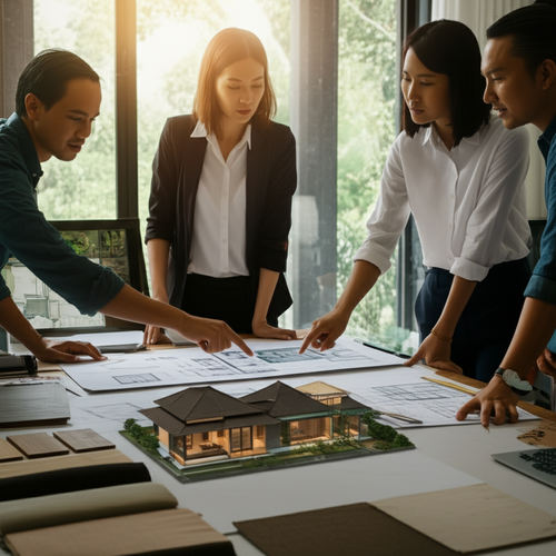 Architects and clients collaborating on architectural designs in Bali, showcasing floor plans, 3D renderings, and material selection.