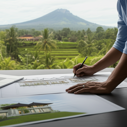 An architect's hands reviewing detailed blueprints and 3D renders for a luxury Bali villa, showcasing a blend of modern and traditional Balinese architecture, set against a serene tropical backdrop.