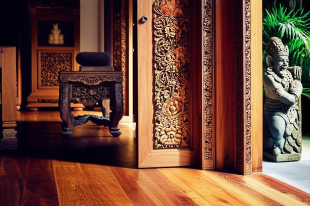 Interior of a luxurious Balinese villa showcasing intricate wood carvings, stone sculptures, and exquisite materials, emphasizing artisanal craftsmanship.