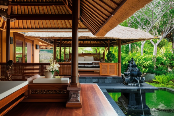 A stunning Balinese villa showcasing traditional architecture, open-air pavilions, thatched roofs, and integration with the tropical landscape.