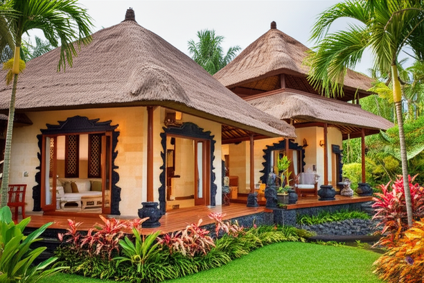 An authentic Balinese villa featuring traditional thatch roof, natural stone walls, intricate wood carvings, and an open-plan living area connecting to tropical gardens, embodying sustainable design and local craftsmanship.