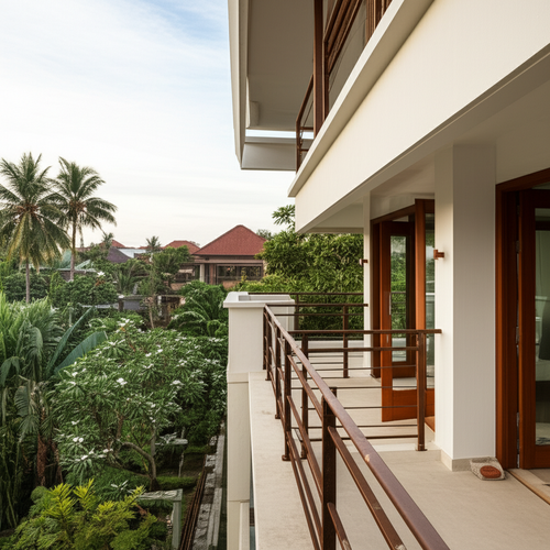 Architectural rendering of a structurally sound and code-compliant balcony in Bali, emphasizing safety features and adherence to building regulations. Image showcases construction quality and the role of a specialized contractor.