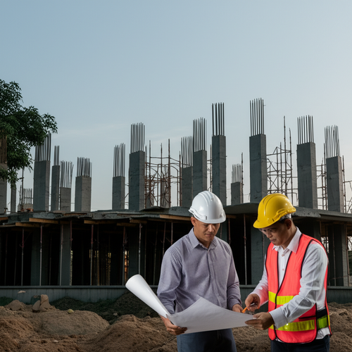 Illustration of the Bali building approval process, showing blueprints, construction stages, and the PBG permit.
