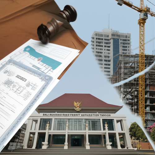 Illustration of the Bali building permit application process, including architectural plans, land certificate, and the IMB building permit.