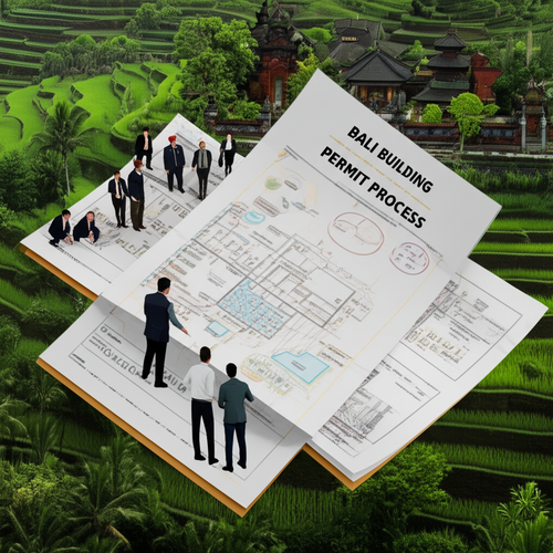 Illustration of the complex building permit process in Bali, showcasing the involvement of officials, architects, and property owners in obtaining the PBG.