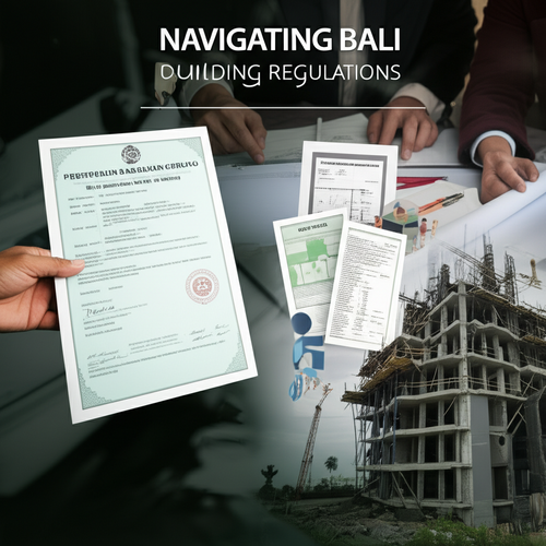 Illustration showing key elements of Bali building regulations, including PBG, property ownership types, and professional assistance.