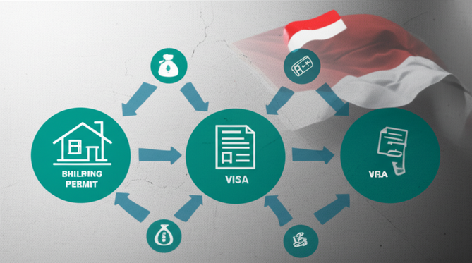 Infographic illustrating the costs associated with establishing a business and constructing in Bali, including permits, legal fees, and visa expenses.