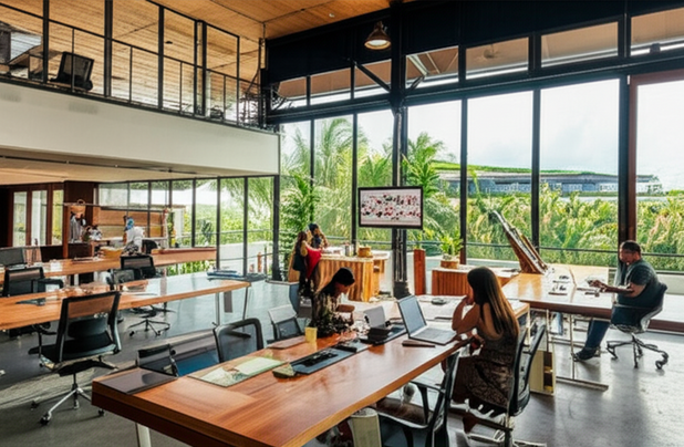 Modern co-working space in Bali with digital nomads working in a sustainable and eco-friendly environment.