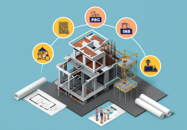 Illustration depicting the process of obtaining building permits and navigating regulations for commercial renovations in Bali, showcasing architectural plans, permits, and a construction site.