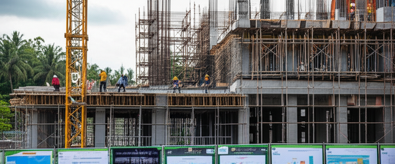 Commercial construction project in Bali showcasing modern architectural elements, Balinese workers, and project management.