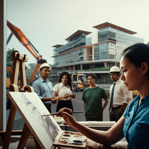 Illustration depicting commercial construction in Bali, showing a blend of Balinese culture, international investors, and modern architecture.