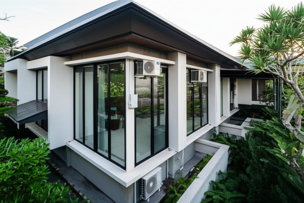 Illustration of a commercial building in Bali highlighting the specializations in MEP, Interior, Landscape, Structural, and Roofing.