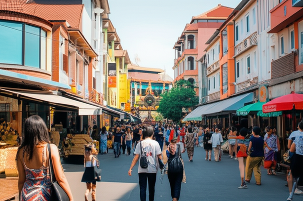 A bustling street scene in Bali showcasing commercial development and cultural elements, reflecting the island's thriving economy.