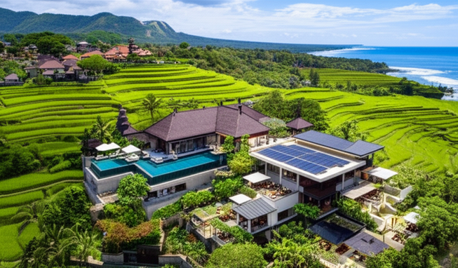 Illustration of diverse commercial real estate in Bali including hotels, co-working spaces and retail spaces.