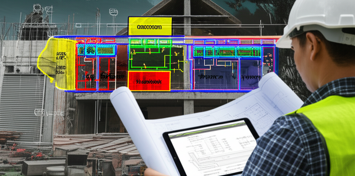 Architectural blueprint overlayed on a commercial building in Bali, representing renovation planning.