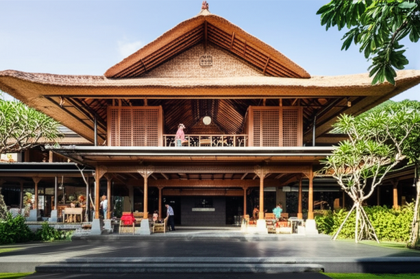 Architectural rendering of a commercial building renovation in Bali, showcasing Balinese architectural styles and sustainable design principles.