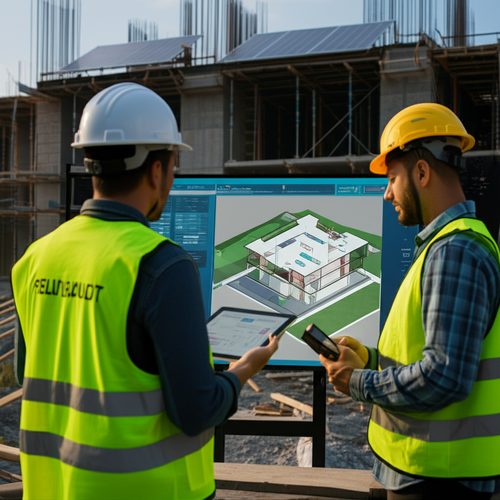 Construction site in Bali with BIM technology and sustainable practices, illustrating the future of construction audits.