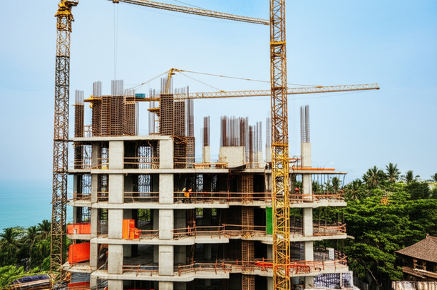 Modern construction site in Bali, showcasing cranes, buildings, and tropical surroundings.