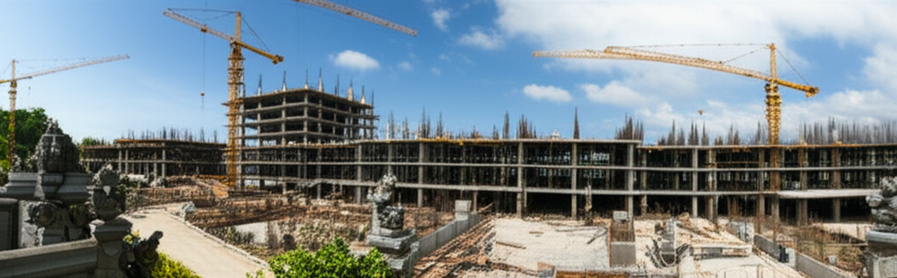 Construction site in Bali depicting ongoing development of luxury resorts, hotels, and commercial buildings. Construction workers are actively working on the projects. A modern and traditional architectural mix in a tropical environment.