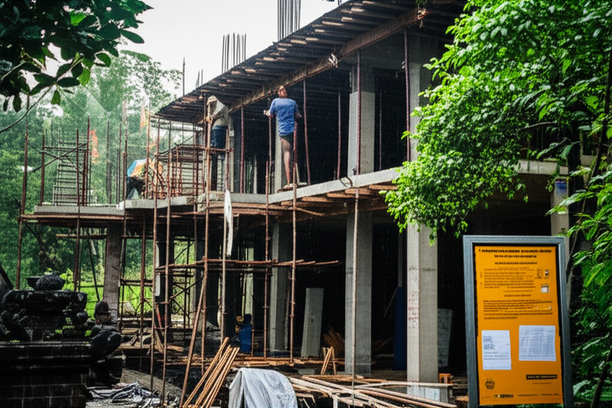 Construction site in Bali, highlighting the challenges of building in a tropical environment with local regulations and cultural considerations.
