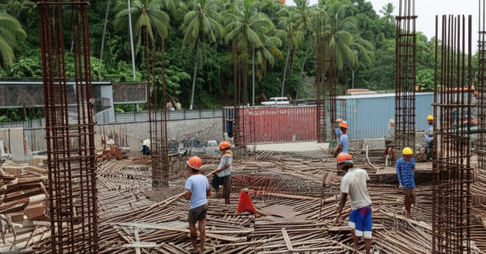 Construction site in Bali with workers and materials, representing the challenges of construction projects in the area.