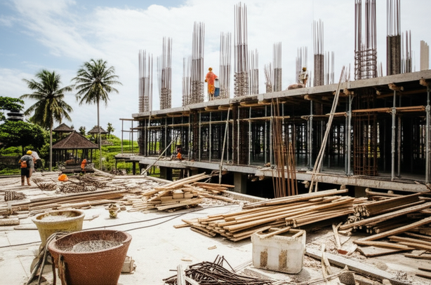 Construction site in Bali with a blend of modern and traditional architecture, illustrating challenges and rewards of building in Bali.