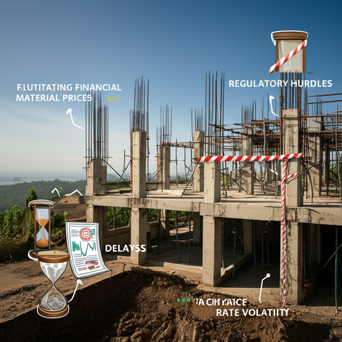 Visual representation of financial challenges faced during construction projects in Bali, including material price fluctuations, unforeseen site issues, regulatory hurdles, delays, and currency exchange rate volatility.