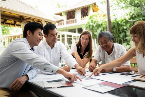 A group of people collaborating on a Bali construction project, emphasizing teamwork and clear communication.