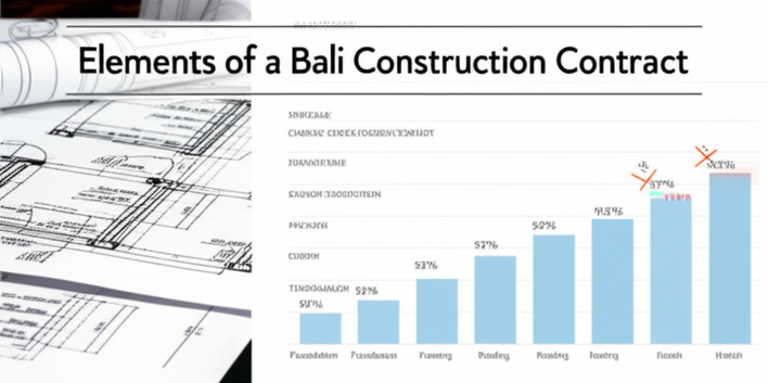 Illustration of a detailed construction contract in Bali, highlighting blueprints, payment schedules, and key contract clauses.