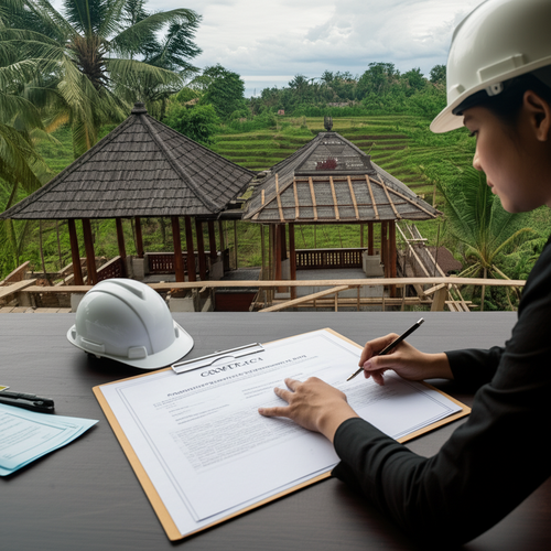 Illustration of a construction site in Bali with a detailed contract, highlighting legal compliance and a general contractor overseeing the project.