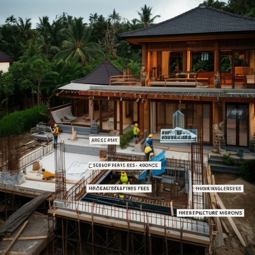Illustration of construction cost factors in Bali, showing design, infrastructure, and hidden expenses.