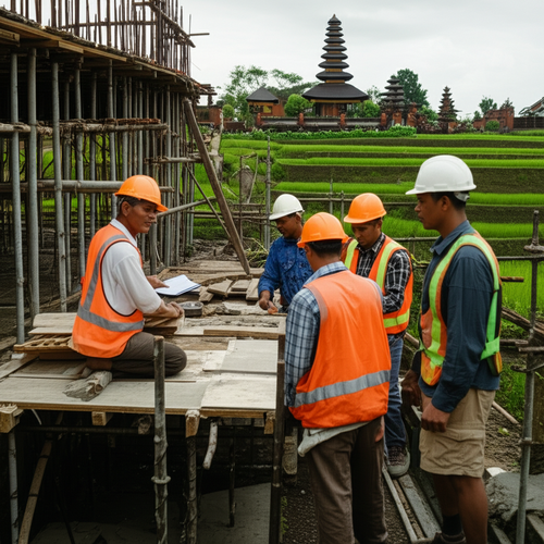 Illustration of a construction project in Bali showing local workers, sustainable practices, and integration with Balinese culture.