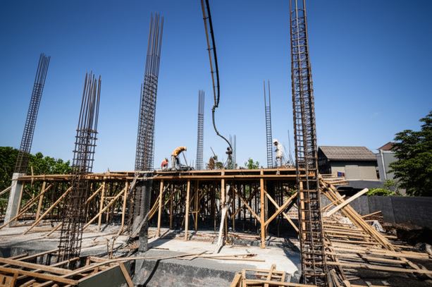 Construction site in Bali during the dry season with clear skies, illustrating the efficiency of building in optimal weather conditions.
