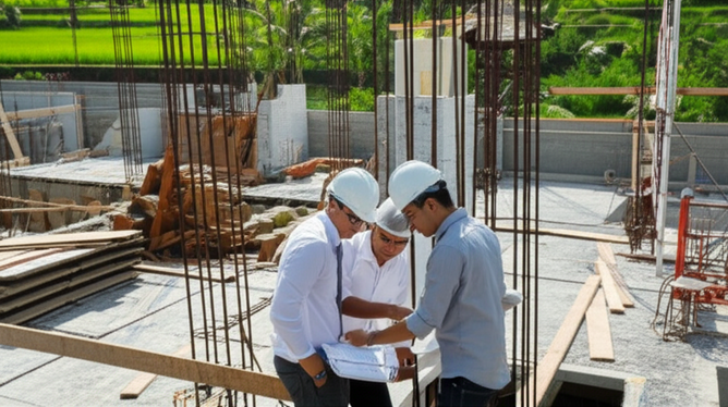 Illustration of a Bali construction site showing a project manager and construction worker reviewing blueprints, emphasizing due diligence.