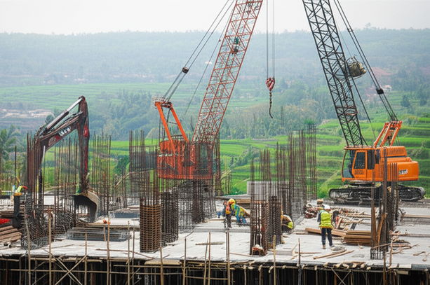 Construction site in Bali with expert builders working on a project, showcasing sustainable and modern construction techniques.