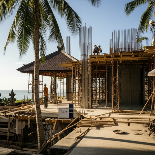 Construction site in Bali, showcasing a blend of modern construction and Balinese culture.