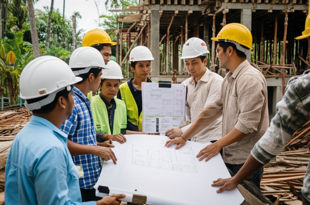 Construction site in Bali demonstrating effective project management, communication, and cultural understanding.