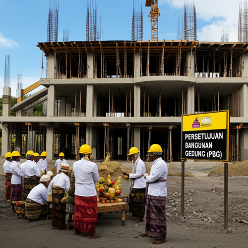 Illustration of a construction project in Bali, showcasing regulatory compliance and cultural sensitivity.