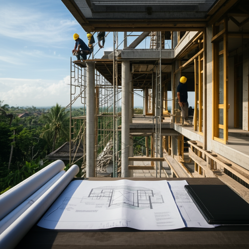Construction of a modern villa in Bali, emphasizing legal compliance with permits and regulations.