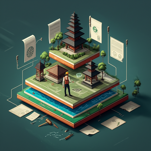 Illustration of the complex legal framework for construction in Bali, showing permits, zoning regulations, and land ownership.