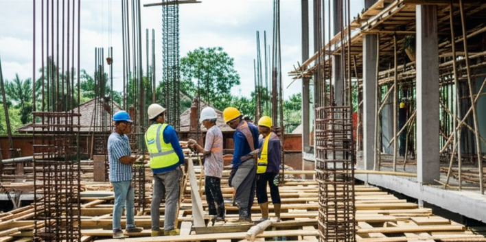 Construction workers in Bali, collaborating on a project, highlighting local integration and sustainable practices.