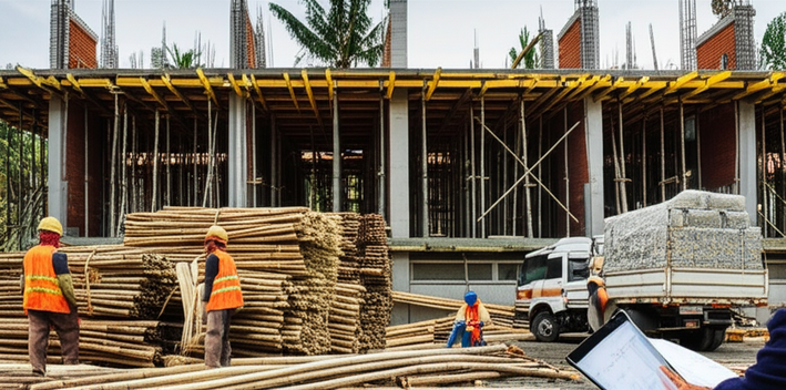 Illustration of a Bali construction site with local sourcing and supply chain management in action.