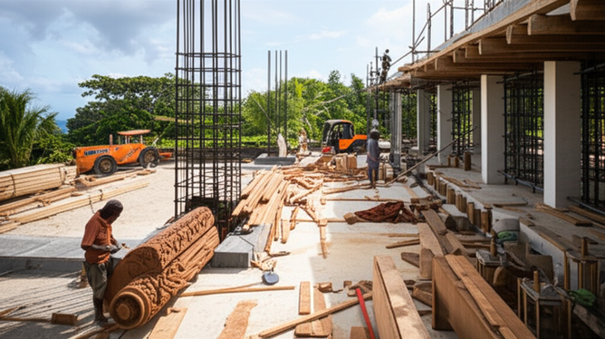 Construction site in Bali illustrating material sourcing and quality control, showing artisans, modern construction, and sustainable materials.