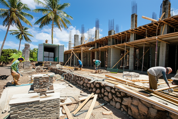 Construction site in Bali showing a mix of local and imported building materials, including stone, timber, and shipping containers.