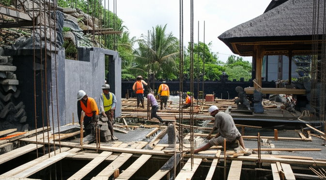 Construction site in Bali showing a building in progress with local and imported materials, showcasing the balance between cost and aesthetics.