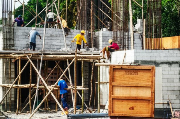 Construction site in Bali showing a mix of local and imported materials, with workers using local stone and bamboo alongside imported steel and equipment.