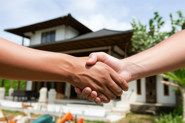 Client and contractor shaking hands in front of a completed Balinese villa, symbolizing trust and partnership in construction.
