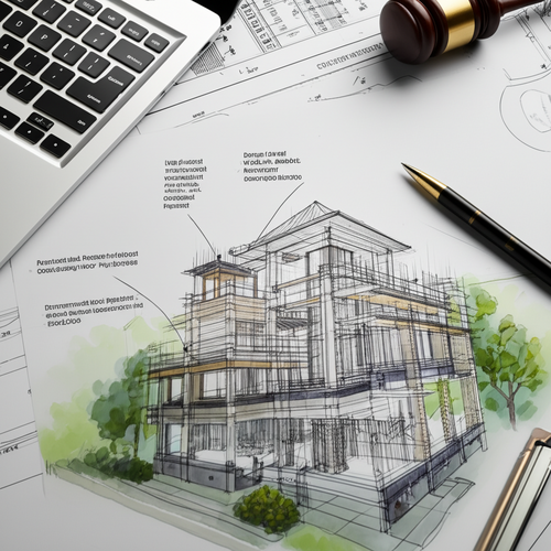 Architectural drawing illustrating the permits and legal compliance necessary for a construction project in Bali, including PBG, land title checks, and involvement of local authorities.
